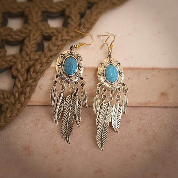 Feathered Turquoise Earrings - Picture 1 of 3